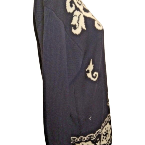 Liz Claiborne Womens Top Medium/ Black w White Floral 100% Merino Wool Sweater - Picture 11 of 13
